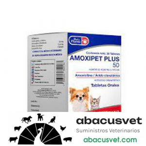 AMOXIPET PLUS caja con 30 tabletas de 50 mg - SUVET